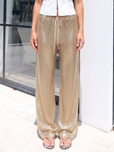 Sparkly Metallic Drawstring Tie Low Waist Wide Leg Resort Pants