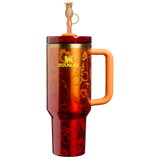 Stanley x Karol G 40 oz Quencher Tumbler in ruby red with floral artwork and pineapple straw topper next to its orange collector box - View 3 | Clistos