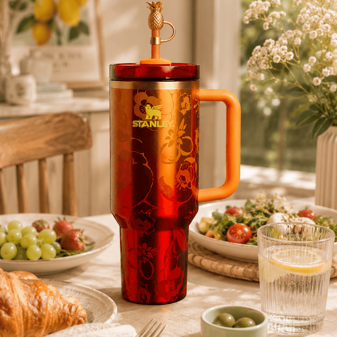 Stanley x Karol G 40 oz Quencher Tumbler in ruby red with floral artwork and pineapple straw topper next to its orange collector box - View 8 | Clistos