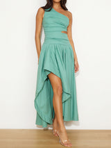 Asymmetric One Shoulder Cutout Fit and Flare Resort Ruched Midi Dress