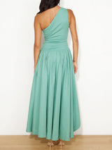 Asymmetric One Shoulder Cutout Fit and Flare Resort Ruched Midi Dress