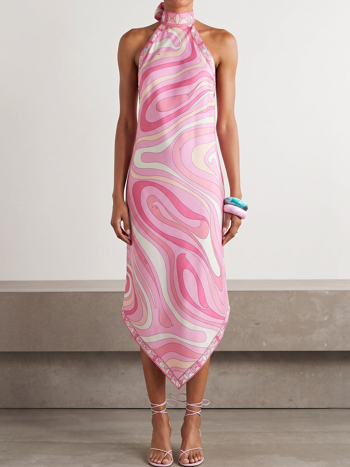 Asymmetric Scarf Print Satin Backless Resort Halter Midi Dress