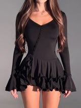 Asymmetrical Button Up Long Sleeve Bodycon Layered Ruffle Mini Dress