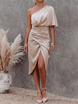 Asymmetrical One Shoulder Ruched Trim Resort Satin Midi Dress