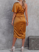 Asymmetrical One Shoulder Ruched Trim Resort Satin Midi Dress