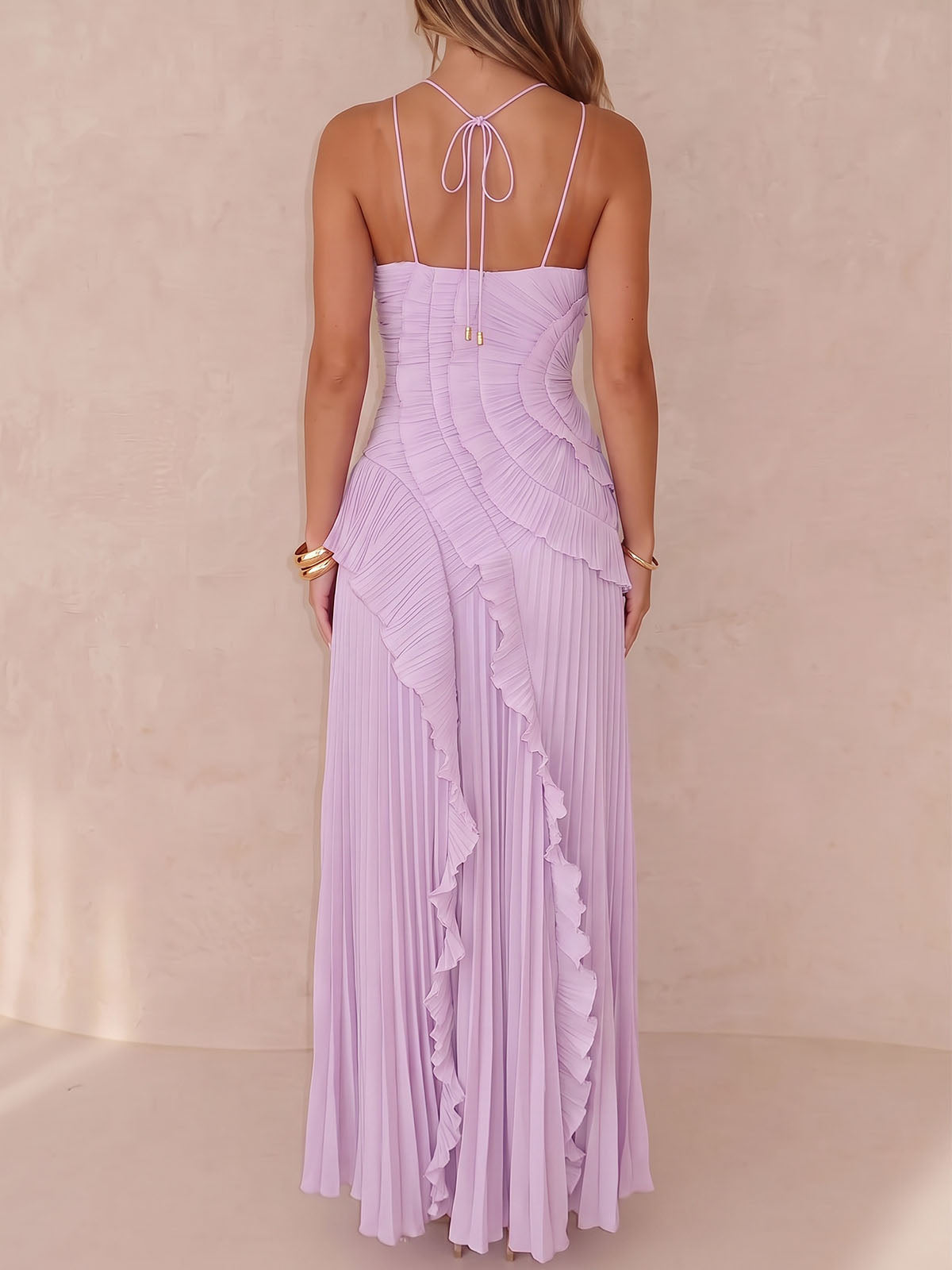 Asymmetrical Ruffle High Neck Resort Chiffon Pleated Midi Dress