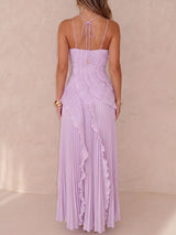 Asymmetrical Ruffle High Neck Resort Chiffon Pleated Midi Dress