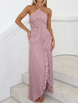 Asymmetrical Ruffle High Neck Resort Chiffon Pleated Midi Dress