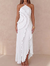 Asymmetrical Ruffle High Neck Resort Chiffon Pleated Midi Dress