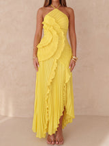 Asymmetrical Ruffle High Neck Resort Chiffon Pleated Midi Dress
