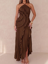 Asymmetrical Ruffle High Neck Resort Chiffon Pleated Midi Dress