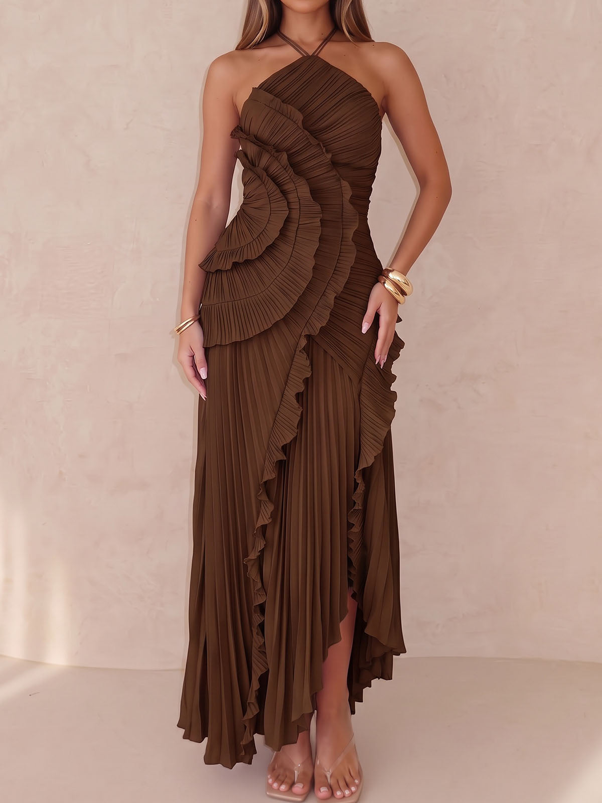 Asymmetrical Ruffle High Neck Resort Chiffon Pleated Midi Dress