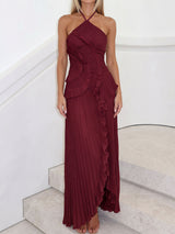 Asymmetrical Ruffle High Neck Resort Chiffon Pleated Midi Dress