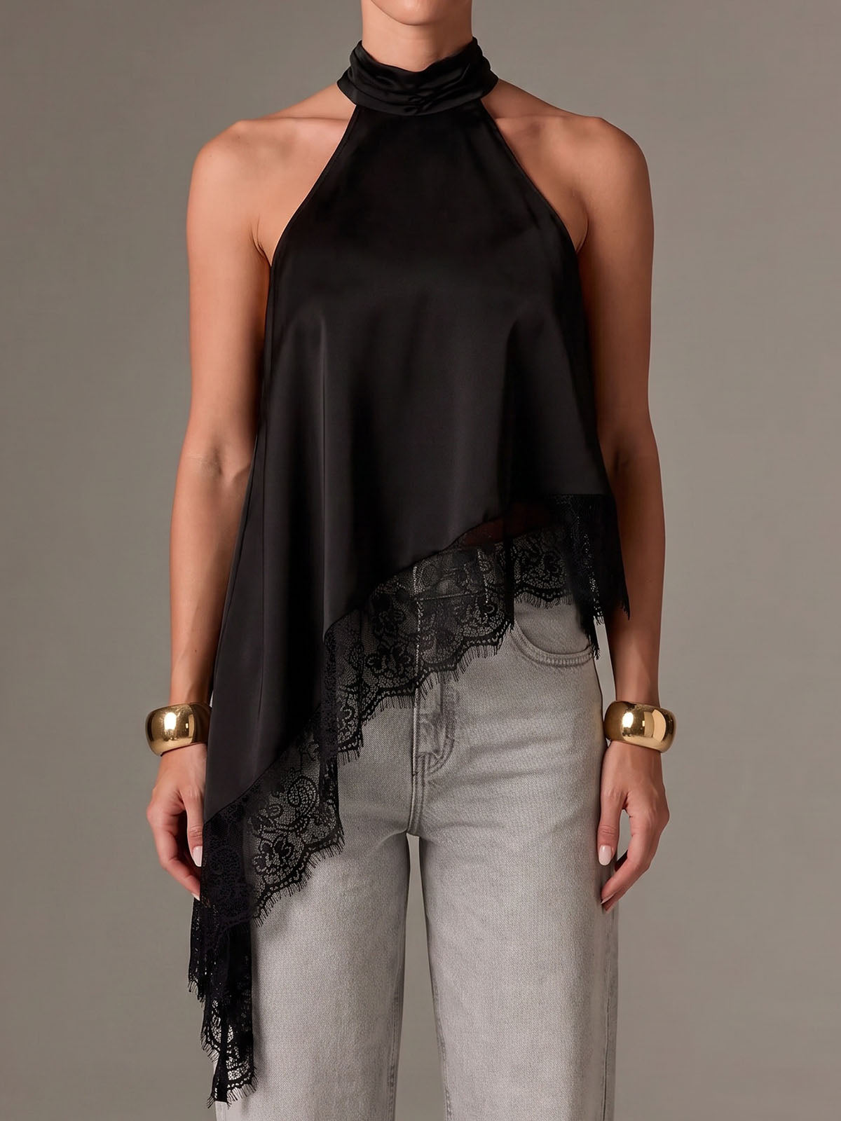 Asymmetrical Scalloped Lace Trim Resort High Neck Silky Satin Top