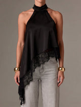 Asymmetrical Scalloped Lace Trim Resort High Neck Silky Satin Top