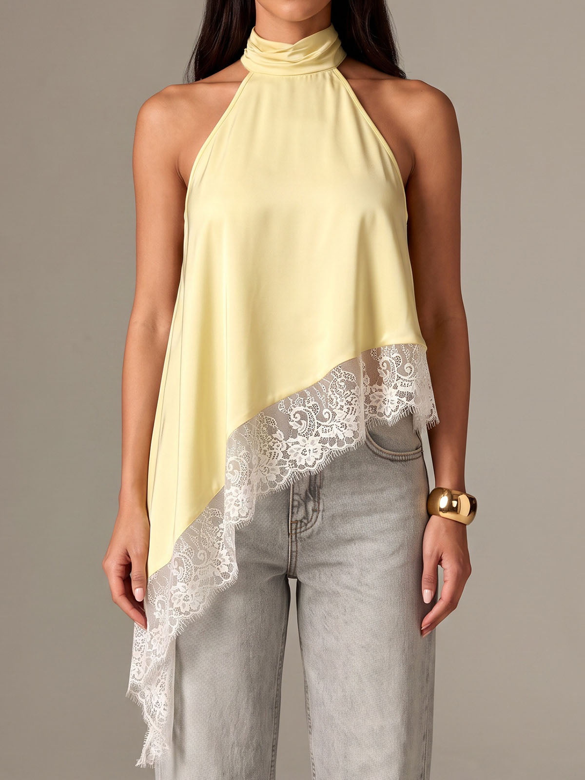 Asymmetrical Scalloped Lace Trim Resort High Neck Silky Satin Top