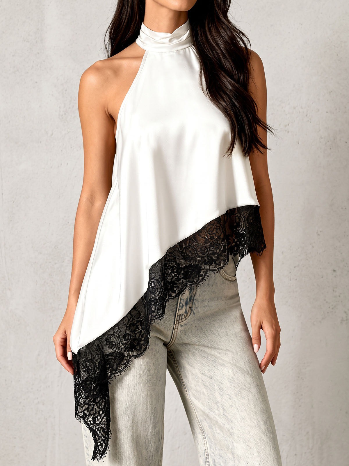 Asymmetrical Scalloped Lace Trim Resort High Neck Silky Satin Top