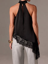 Asymmetrical Scalloped Lace Trim Resort High Neck Silky Satin Top