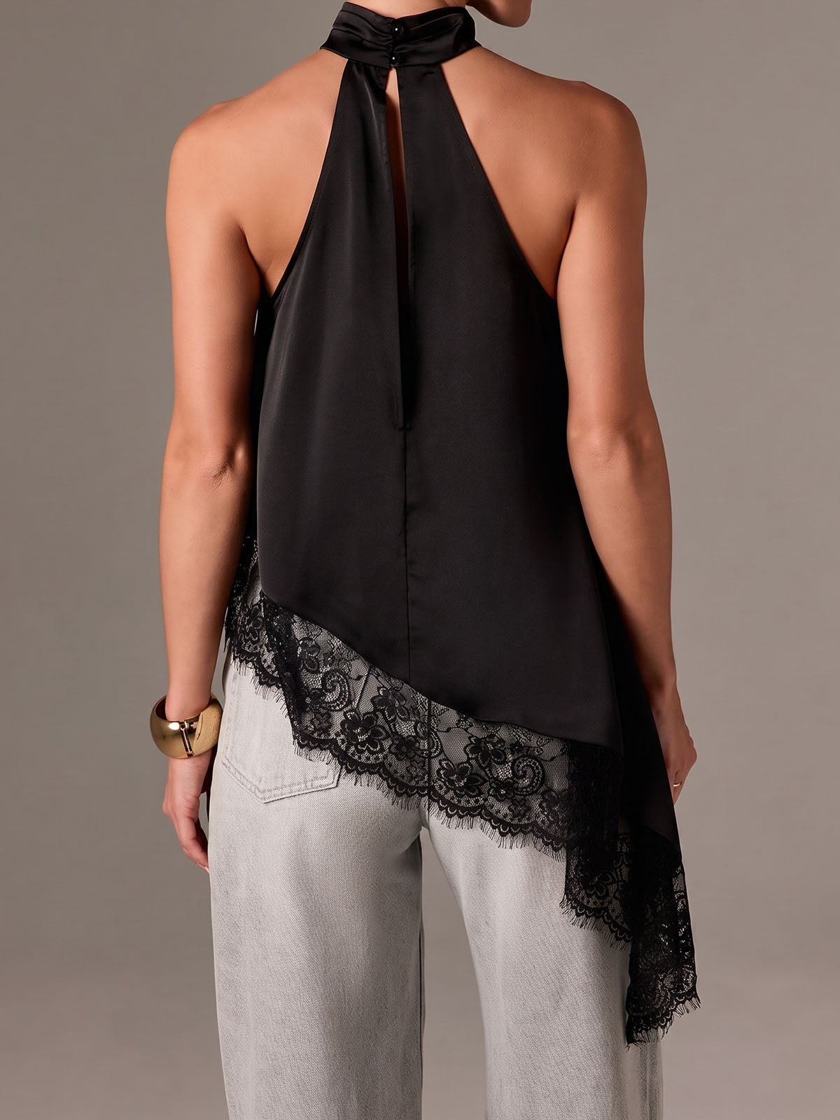 Asymmetrical Scalloped Lace Trim Resort High Neck Silky Satin Top