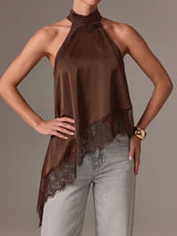 Asymmetrical Scalloped Lace Trim Resort High Neck Silky Satin Top