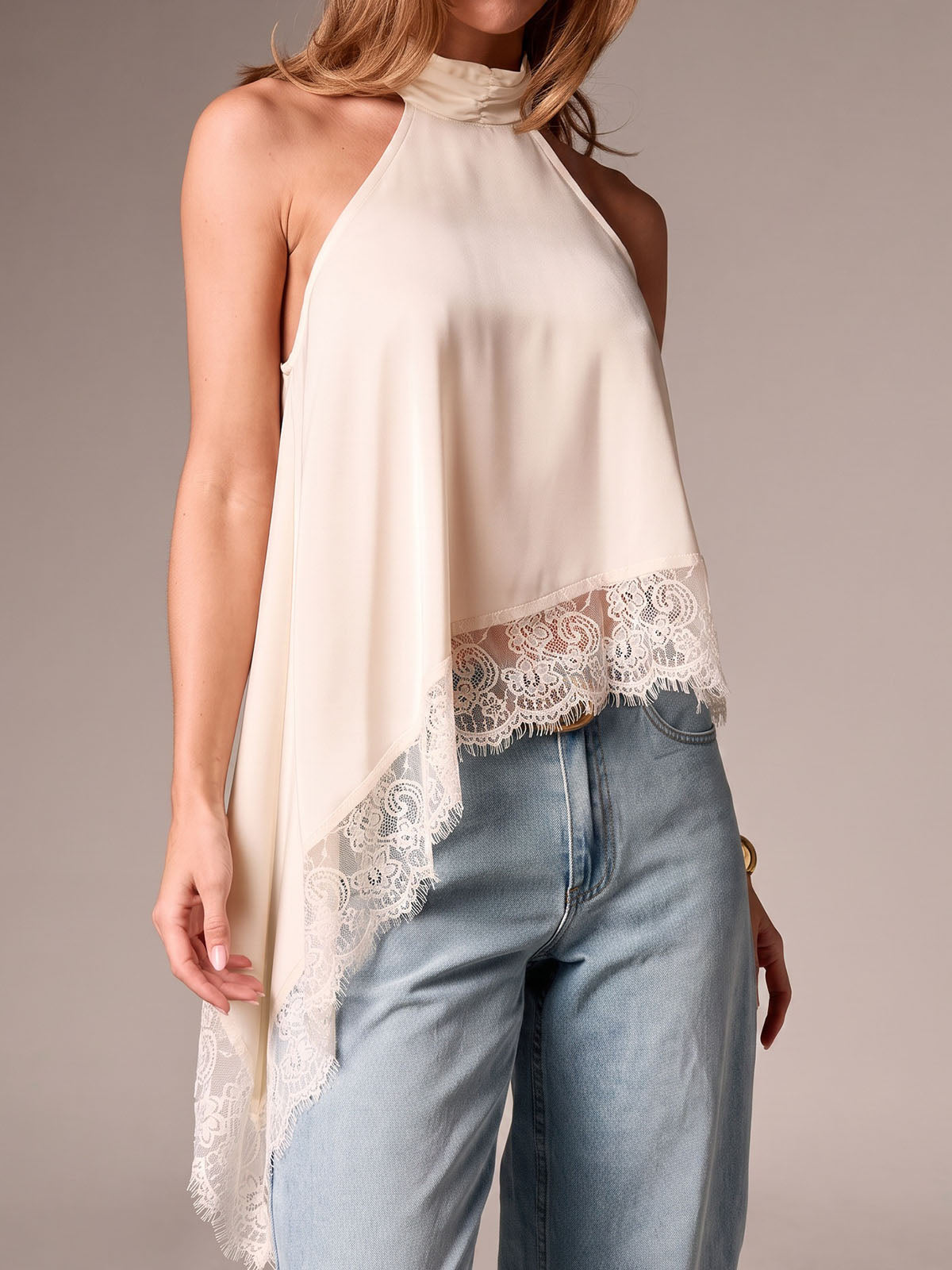 Asymmetrical Scalloped Lace Trim Resort High Neck Silky Satin Top