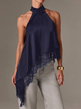Asymmetrical Scalloped Lace Trim Resort High Neck Silky Satin Top