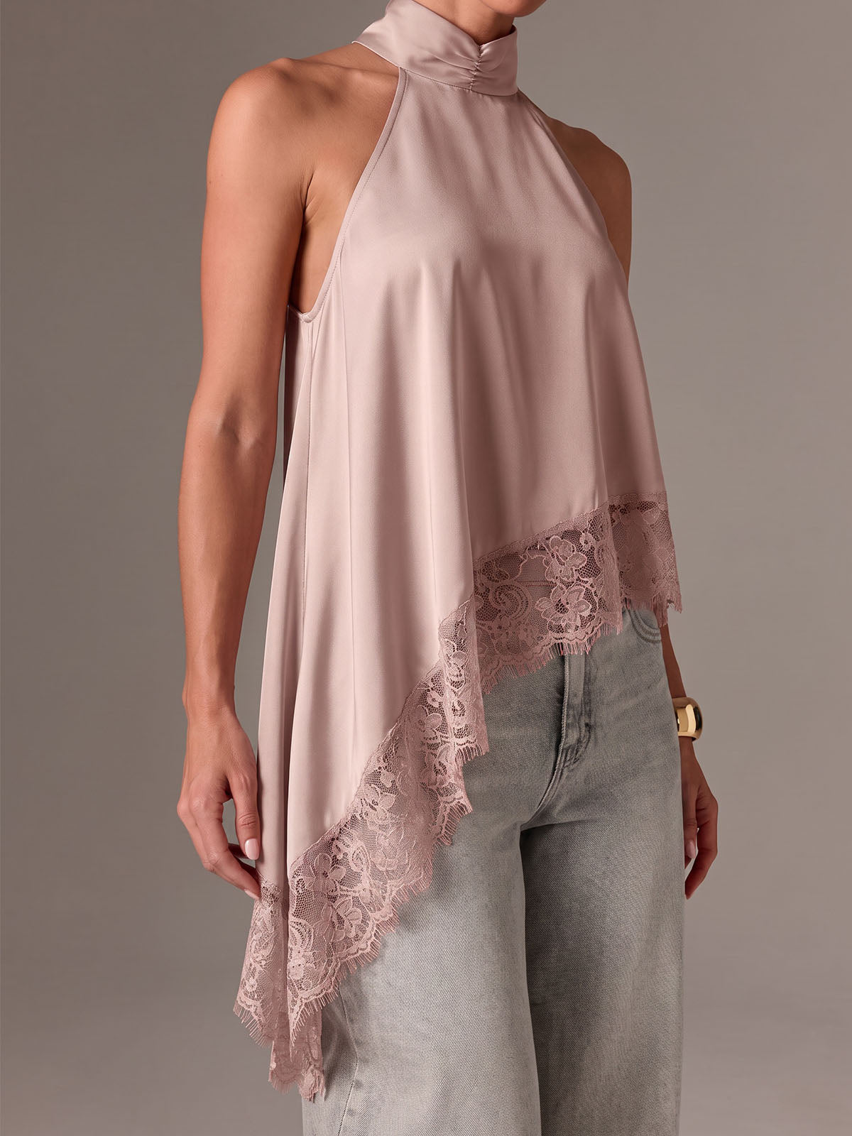 Asymmetrical Scalloped Lace Trim Resort High Neck Silky Satin Top