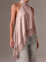 Asymmetrical Scalloped Lace Trim Resort High Neck Silky Satin Top