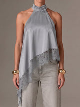 Asymmetrical Scalloped Lace Trim Resort High Neck Silky Satin Top