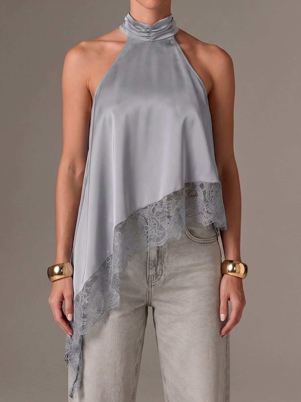 Asymmetrical Scalloped Lace Trim Resort High Neck Silky Satin Top