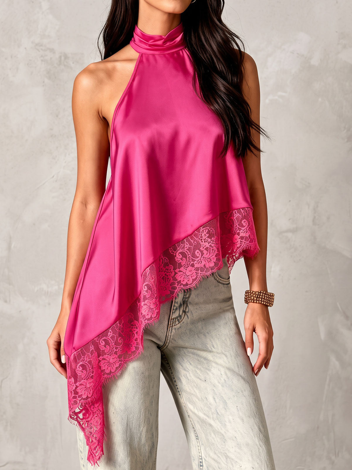 Asymmetrical Scalloped Lace Trim Resort High Neck Silky Satin Top