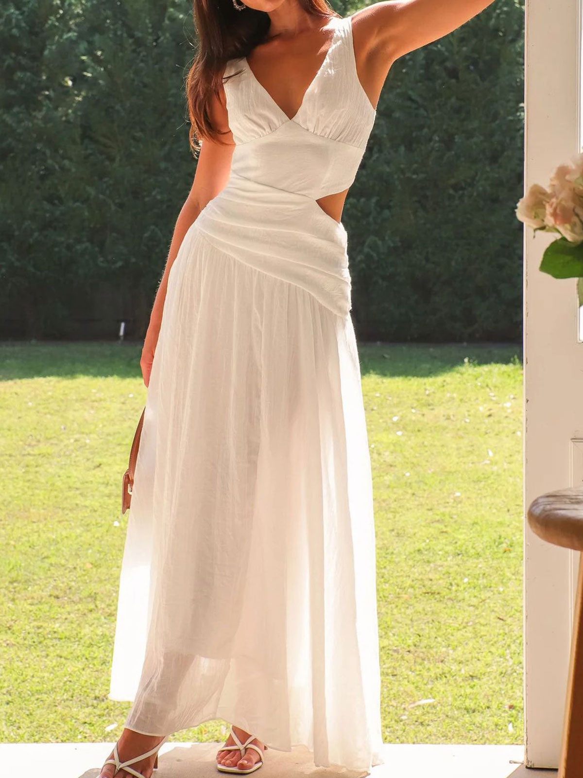 Asymmetrical V Neck Draped Waist Resort Cutout Maxi Sundress