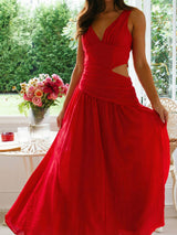 Asymmetrical V Neck Draped Waist Resort Cutout Maxi Sundress