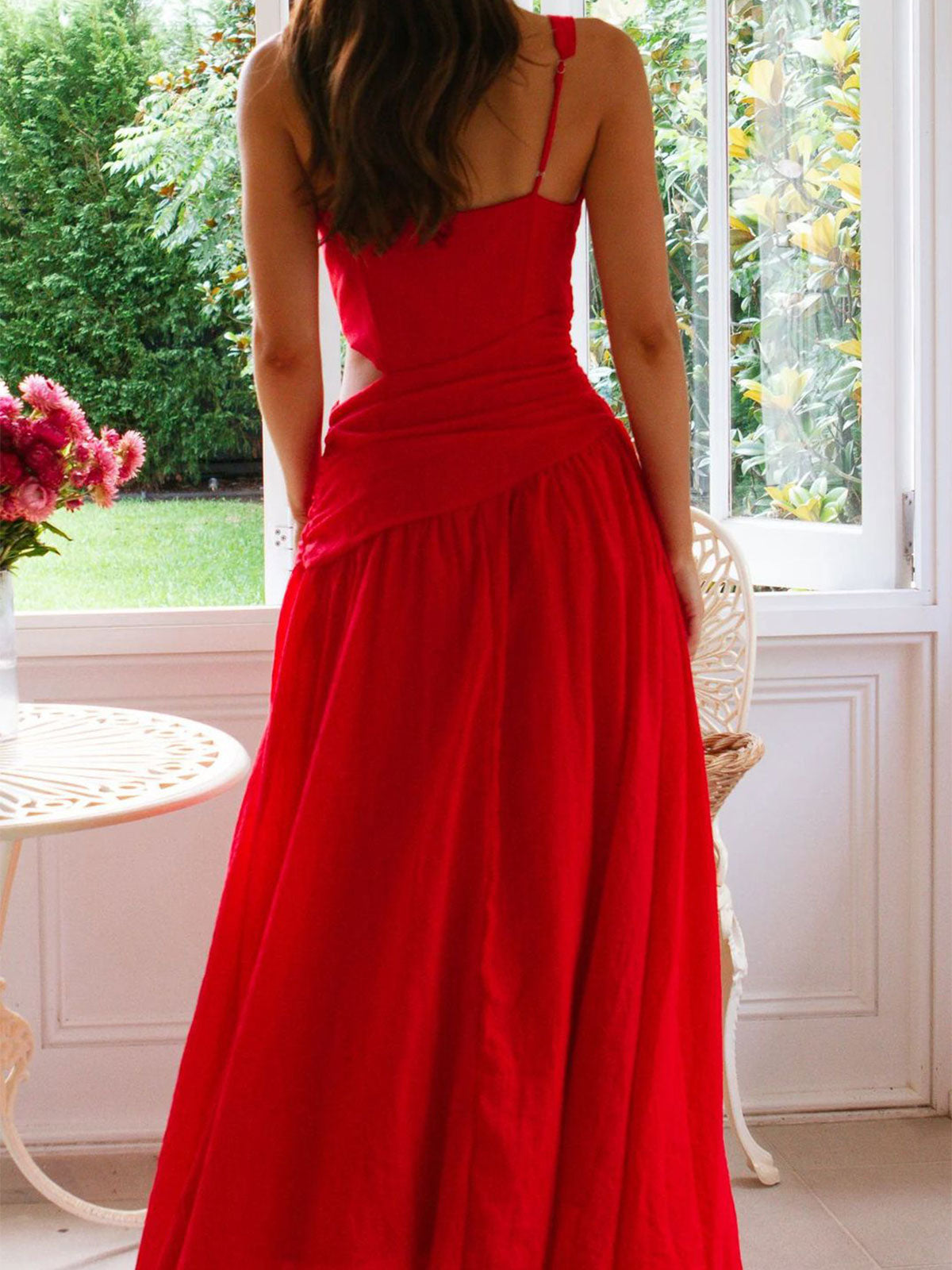 Asymmetrical V Neck Draped Waist Resort Cutout Maxi Sundress