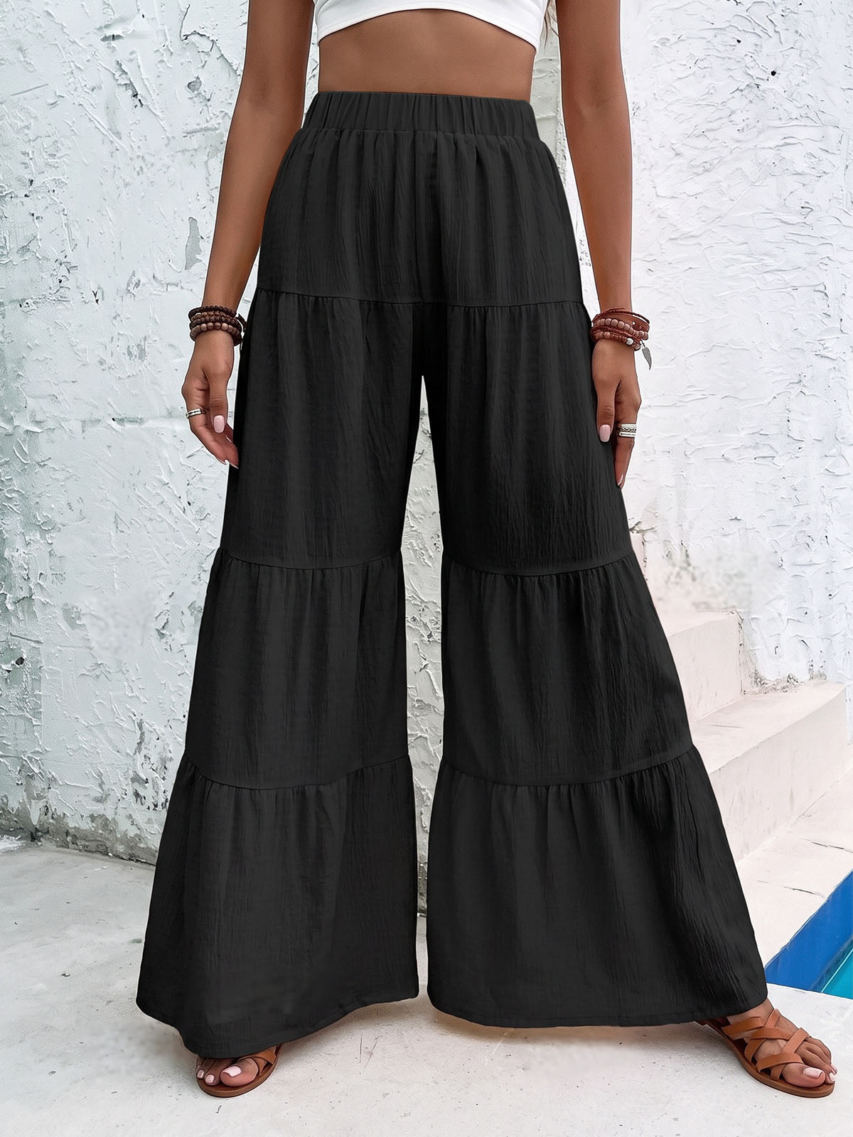 Boho Chic Tiered Flare High Waist Resort Crinkle Wide Leg Pants