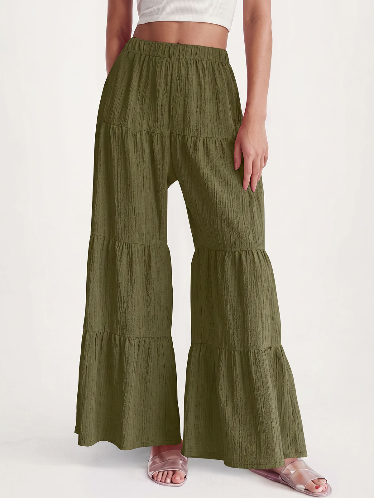 Boho Chic Tiered Flare High Waist Resort Crinkle Wide Leg Pants
