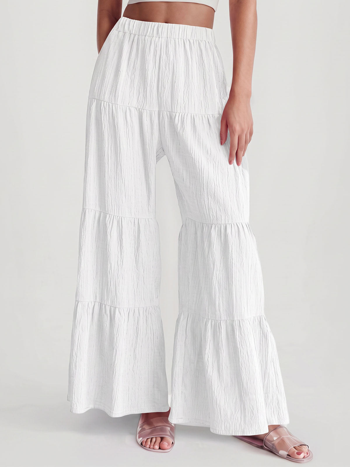 Boho Chic Tiered Flare High Waist Resort Crinkle Wide Leg Pants