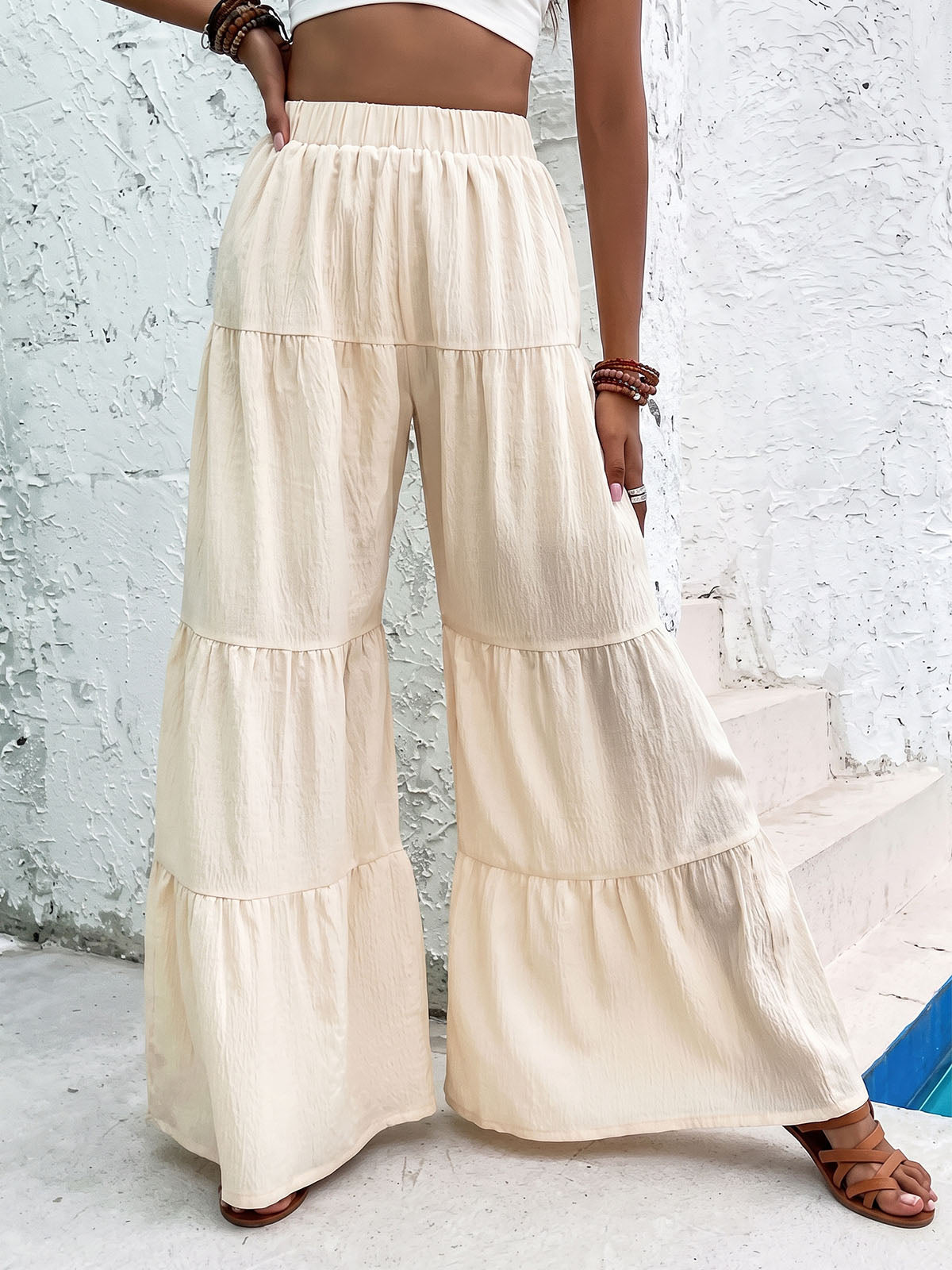 Boho Chic Tiered Flare High Waist Resort Crinkle Wide Leg Pants