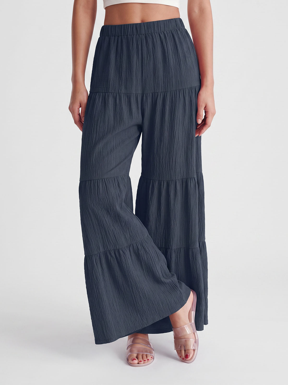 Boho Chic Tiered Flare High Waist Resort Crinkle Wide Leg Pants