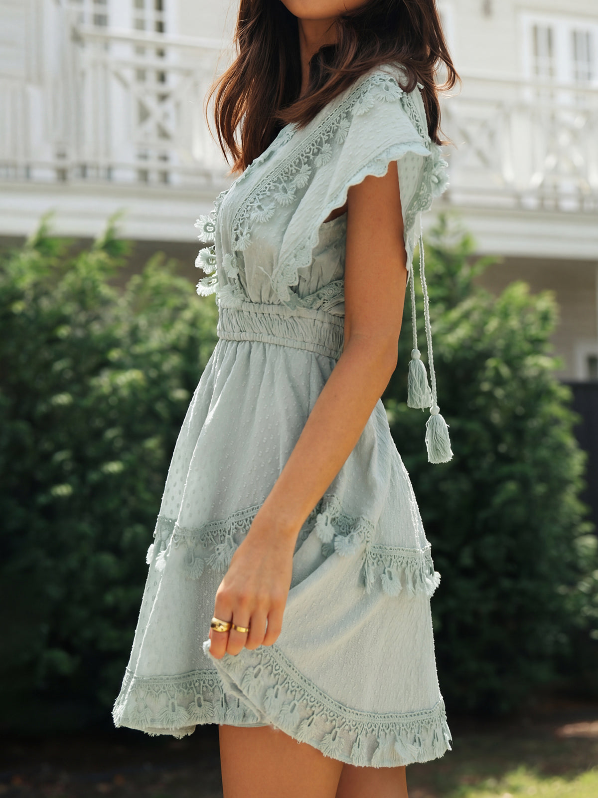 Boho Deep V Crochet Lace Fringe Tiered Resort Swiss Dot Mini Dress
