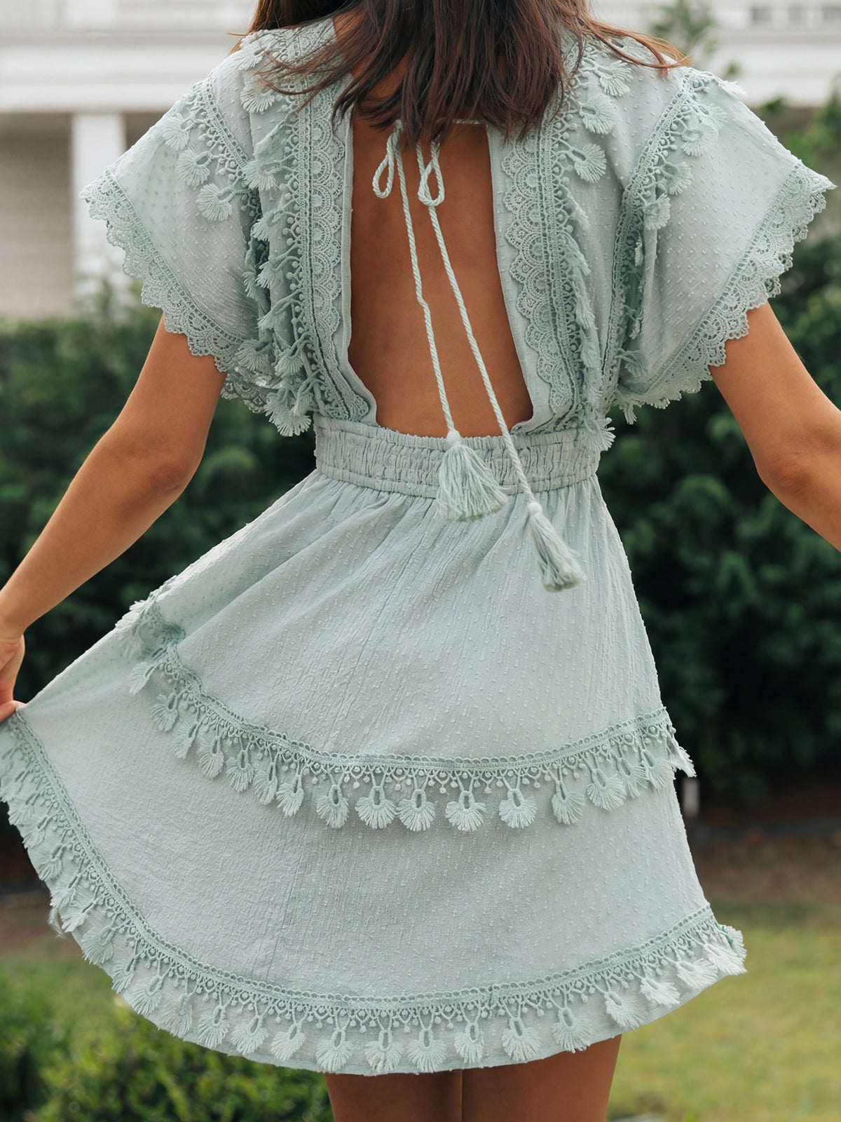 Boho Deep V Crochet Lace Fringe Tiered Resort Swiss Dot Mini Dress