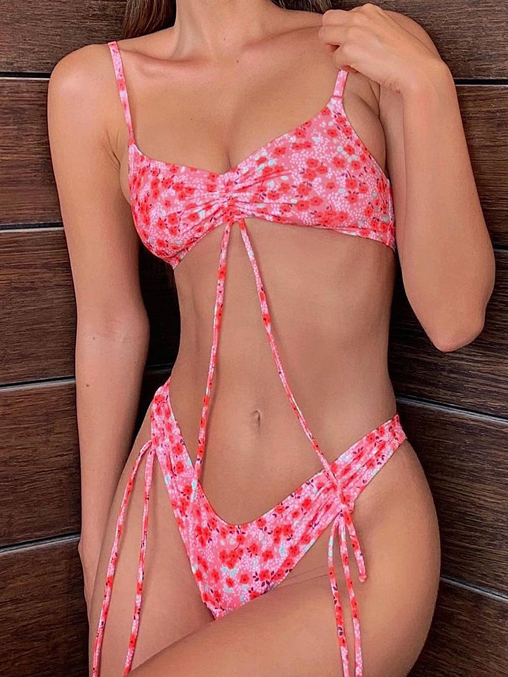 Boho Floral High Cut Scrunch Cheeky Tie Ruched Two Piece Bikini Set