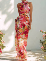 Boho Floral High Neck High Waist Sleeveless Resort Chiffon Maxi Dress
