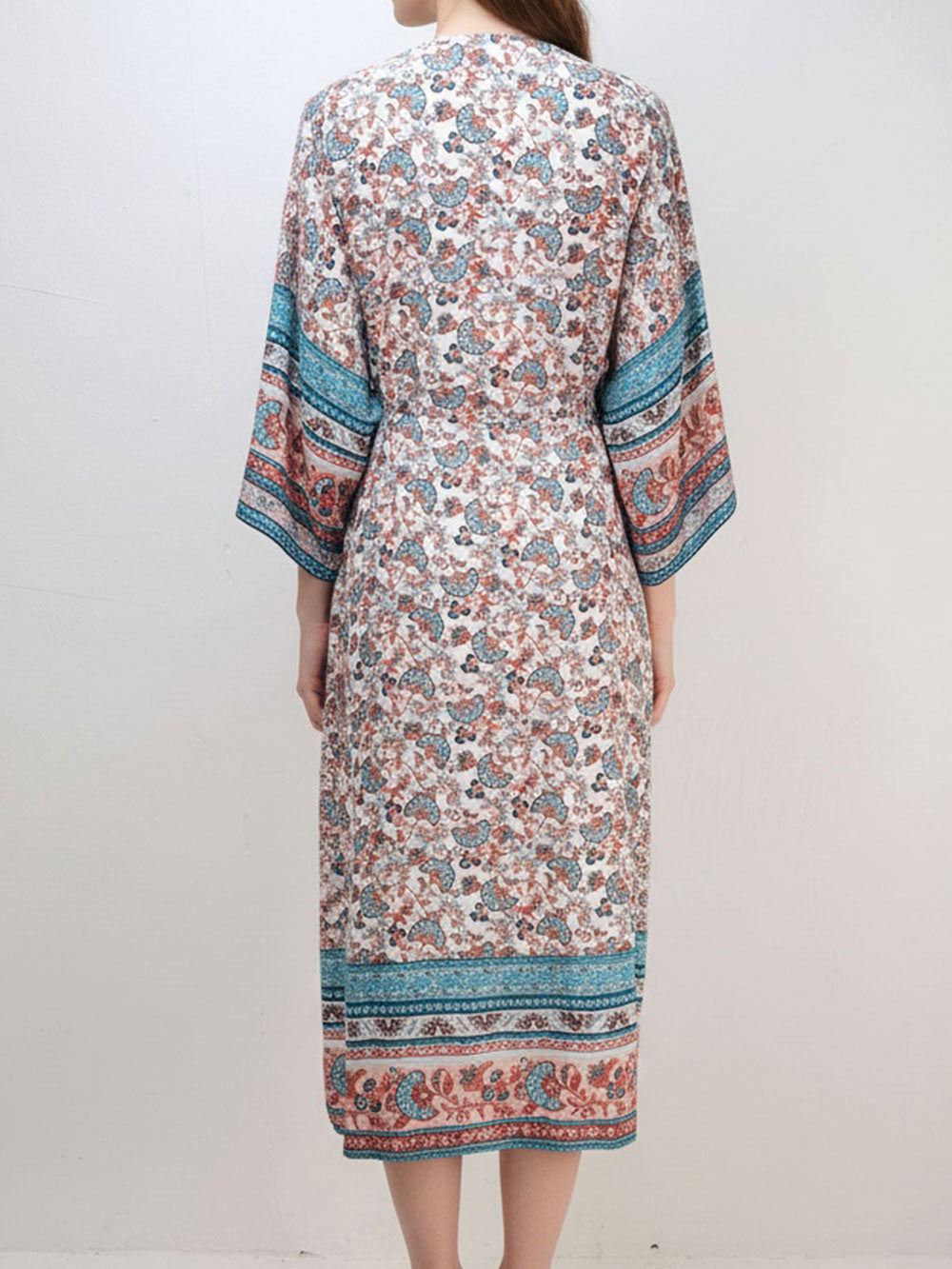 Boho Floral Print Kimono Sleeve Tie Front Midi Beach Cover Up