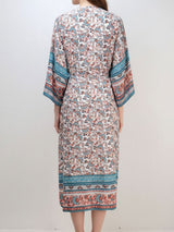 Boho Floral Print Kimono Sleeve Tie Front Midi Beach Cover Up