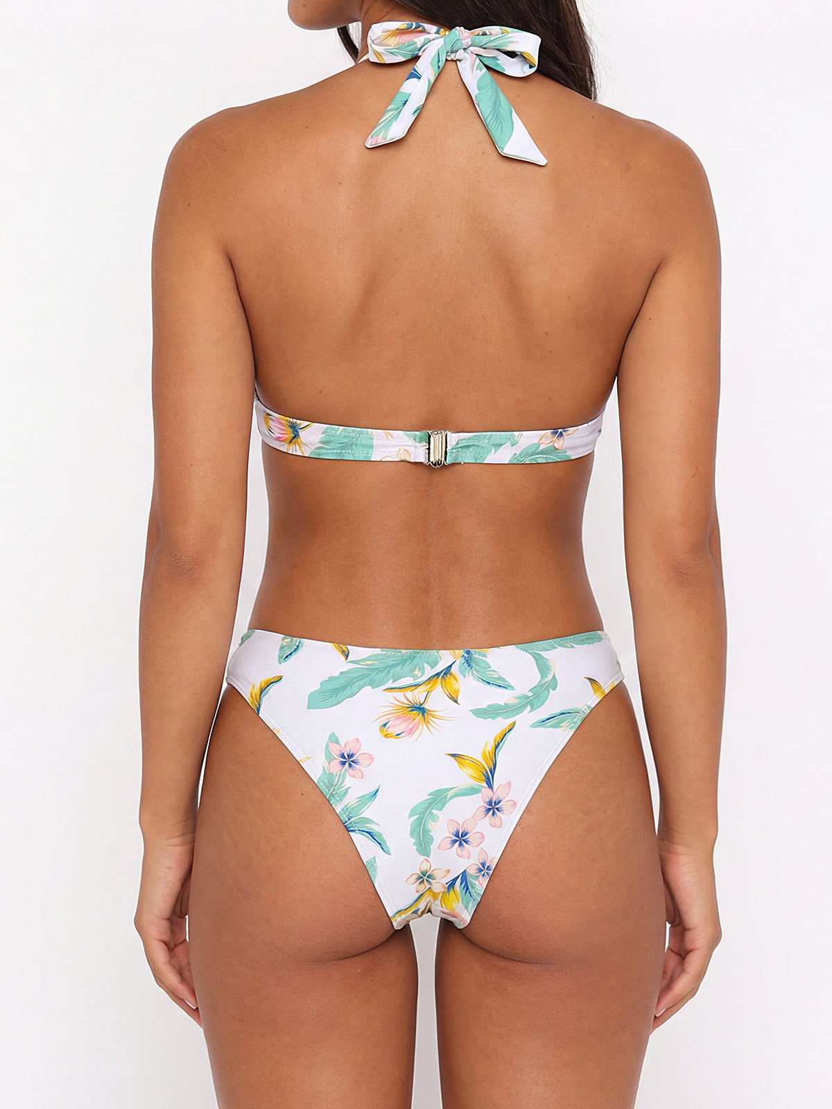 Boho Floral Print Moderate Banded Halter Two Piece Bikini Set
