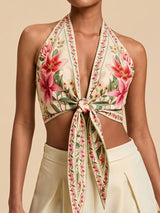 Boho Floral Print Tie Front Plunge Halter Resort Open Back Crop Top