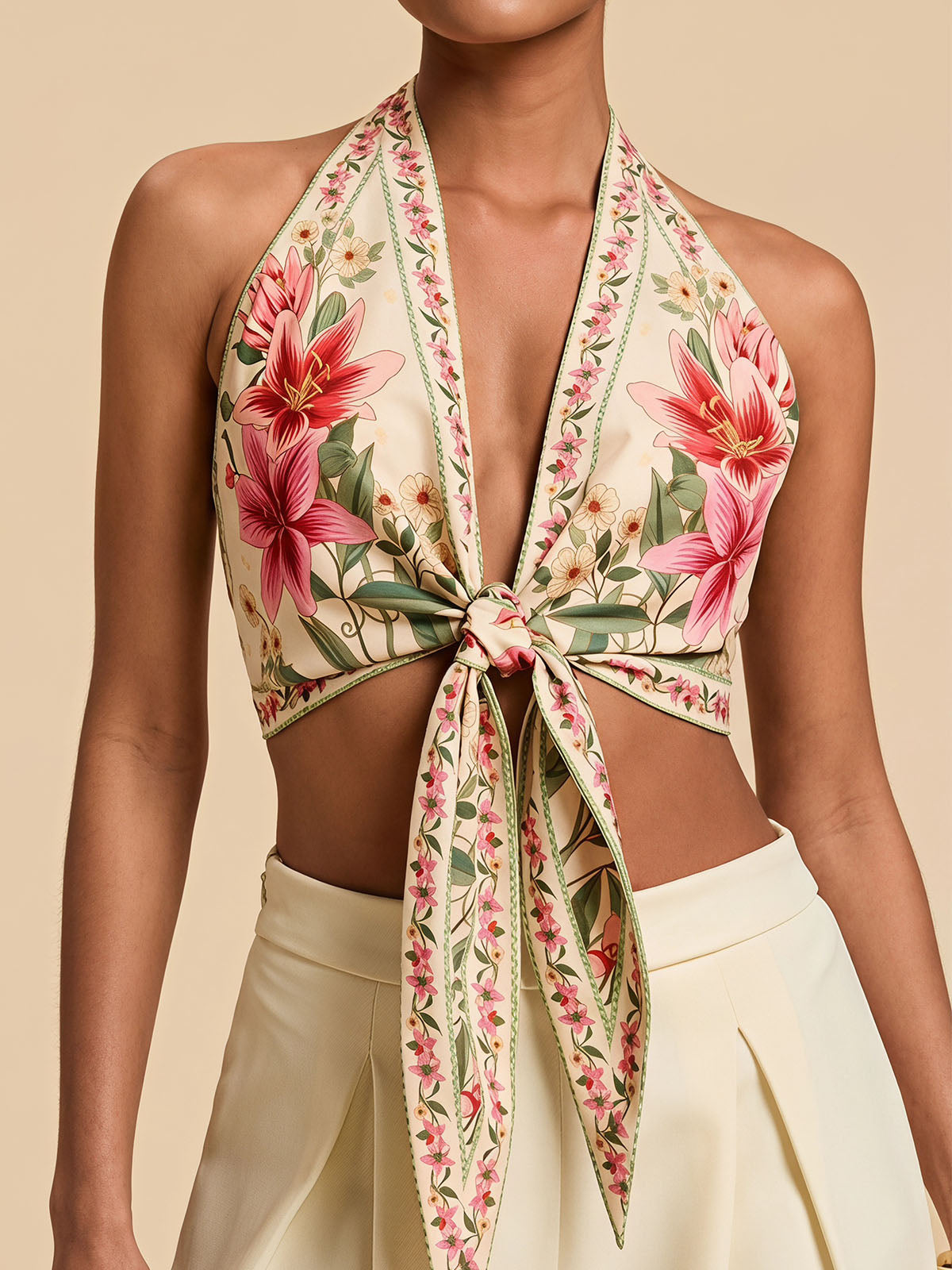 Boho Floral Print Tie Front Plunge Halter Resort Open Back Crop Top