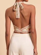 Boho Floral Print Tie Front Plunge Halter Resort Open Back Crop Top