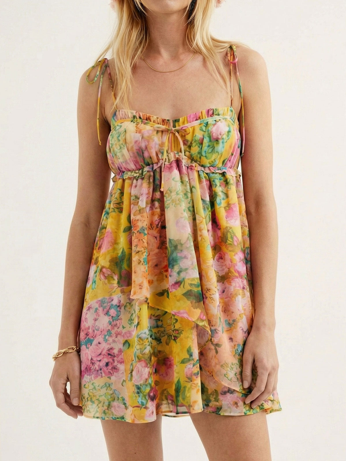 Boho Floral Tie Shoulder Resort Chiffon Babydoll Mini Dress